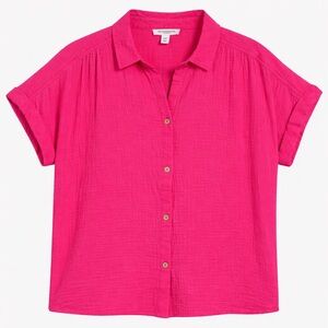 beachlunchlounge Pink Textured Button-Up Shirt Cover Up 100% Cotton Relaxed Fit